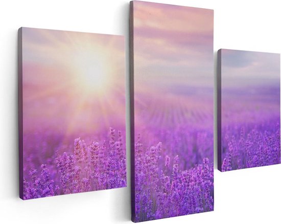 Artaza Canvas Schilderij Drieluik Bloemenveld Met Paarse Lavendel  - 90x60 - Foto Op Canvas - Canvas Print