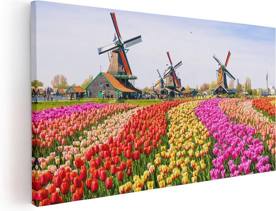 Artaza Canvas Schilderij Kleurrijke Tulpen Bloemenveld - Windmolen - 80x40 - Foto Op Canvas - Canvas Print