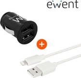 Ewent Auto oplader + Apple Lightning Kabel – iPhone oplader kabel - MFI gecertificeerd - 1 meter