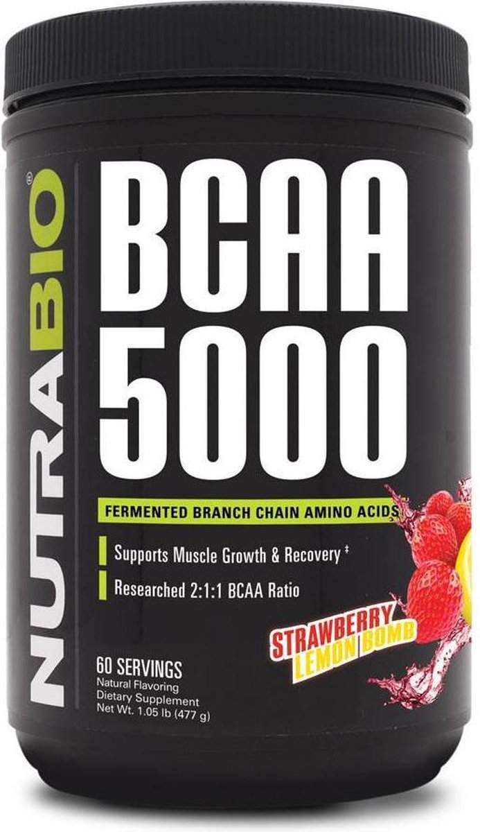 Goedkoopste NutraBio BCAA 5000 Poeder - Strawberry Lemon Bomb - 400 gr