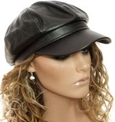 Damespet baret met klepje kunstleer pu leather kleur zwart maat S/M