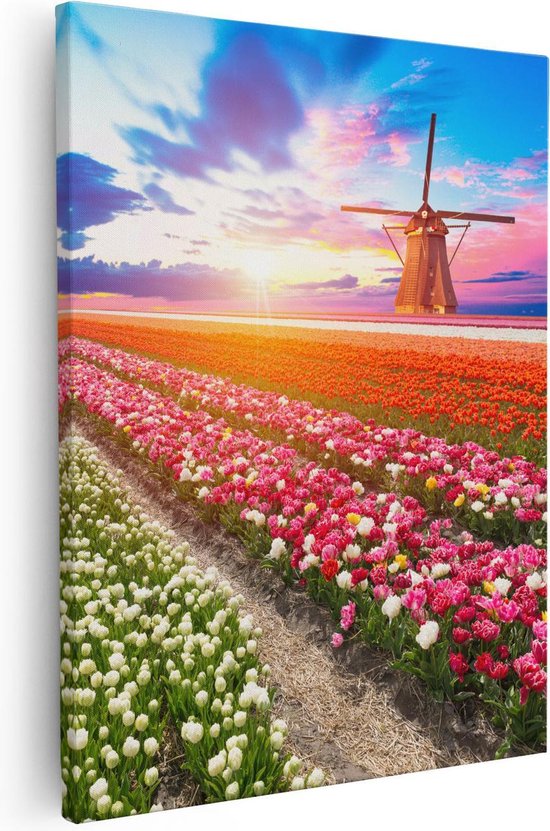 Artaza Canvas Schilderij Kleurrijke Bloemenveld Met Een Windmolen - 40x50 - Foto Op Canvas - Canvas Print