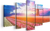 Artaza Canvas Schilderij Vijfluik Kleurrijke Bloemenveld Met Een Windmolen - 100x50 - Foto Op Canvas - Canvas Print