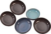 Set van 5 x saladeschaal Ronde schaal - saladeschaal |Licht groen 1 stuks  - Blauw 1 stuks en bruin 3 stuks| Kom - Kommen - kommetjes |Duurzaam - hoogwaardig aardewerk - robuust - Soep kom |2