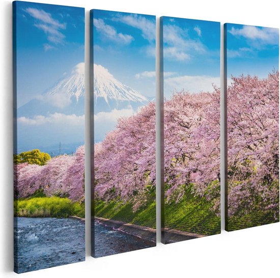 Artaza Canvas Schilderij Vierluik Roze Bloesembomen Bij De Fuji Berg - 80x60 - Foto Op Canvas - Canvas Print