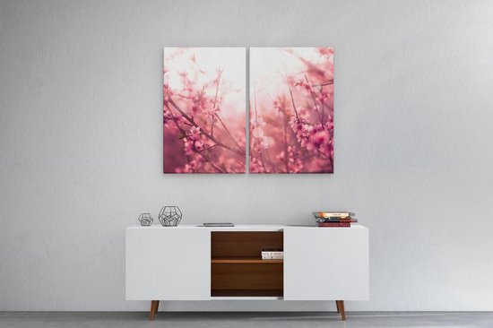 Artaza - Diptyque de peinture sur toile - Arbre à fleurs rose avec soleil - 80x60 - Photo sur toile - Impression sur toile