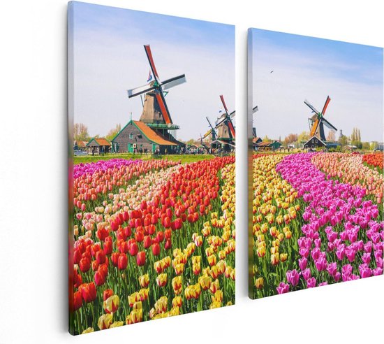 Artaza Canvas Schilderij Tweeluik Kleurrijke Tulpen Bloemenveld - Windmolen - 80x60 - Foto Op Canvas - Canvas Print
