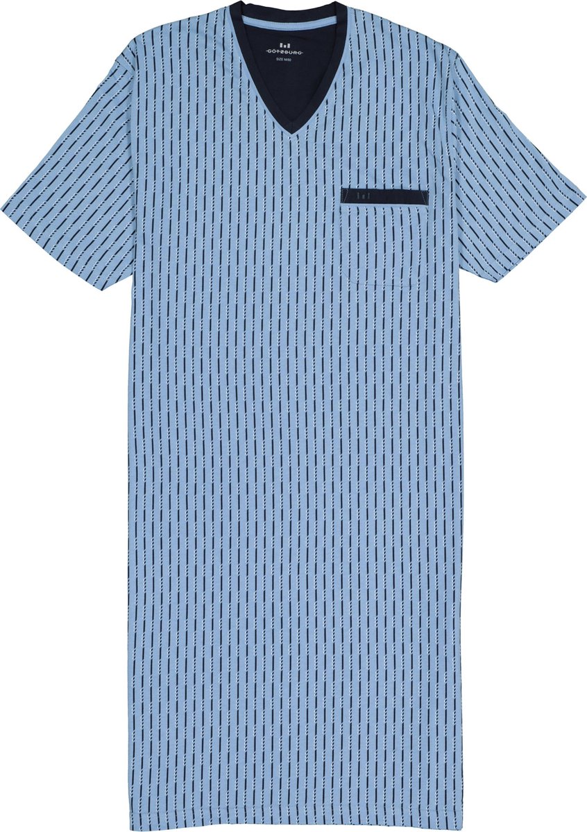 Gotzburg heren nachthemd - V-hals - lichtblauw met blauw en wit dessin - Maat: M