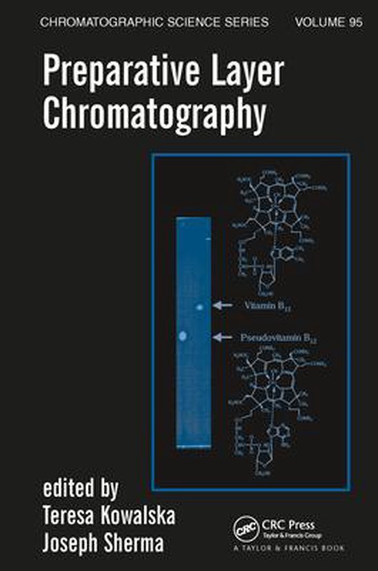 Boekomslag van 'Preparative Layer Chromatography', met illustraties van chemische structuren en een chromatogram.