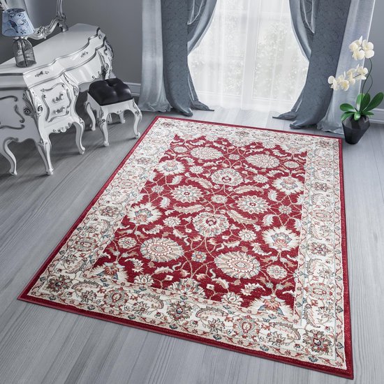 Tapiso Dubai Tapis Salon Chambre Rouge Crème Beige Clair Cadre Fleurs Classique Oriental Intérieur Salon Atmosphère Design Tapis De Haute Qualité Taille - 300x400