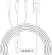 Kabel 3 in 1 USB naar Lightning, USB-C en Micro USB 2.5A 15 meter Baseus Wit