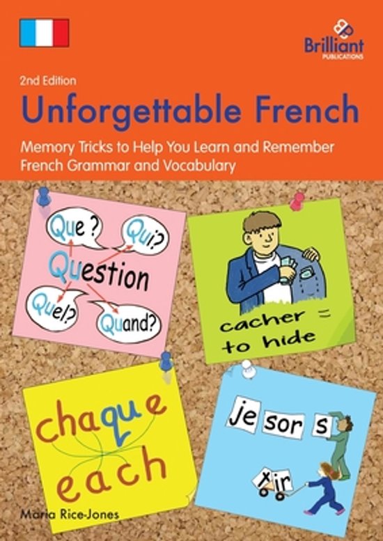 Boek "Unforgettable French, 2nd Edition". Knoppen met "Que?, Qui?, Question, Quel?, Quand?", "cacher = to hide", "chaque = each", en "je sors = I go out".
