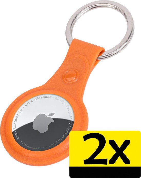 Hoesje Geschikt voor Apple AirTag Sleutelhanger Hoes - Hoesje Geschikt voor Apple AirTag Hoesje Hanger Case Leder Look Sleutelhanger - Oranje - 2 Stuks