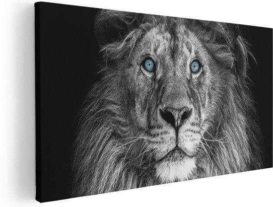 Artaza Canvas Schilderij Leeuw Met Blauwe Ogen - Zwart Wit - 40x20 - Klein - Foto Op Canvas - Canvas Print