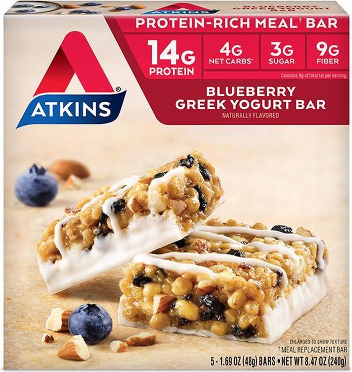 Goedkoopste Atkins | Protein Bar | Blueberry Greek Yoghurt Bar | 5 x 48g