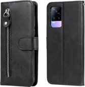 Voor vivo V21e 4G/Y73 2021 Mode Kalf Textuur Rits Horizontale Flip Lederen Case met Standaard & Kaartsleuven & Portemonnee Functie (Zwart)
