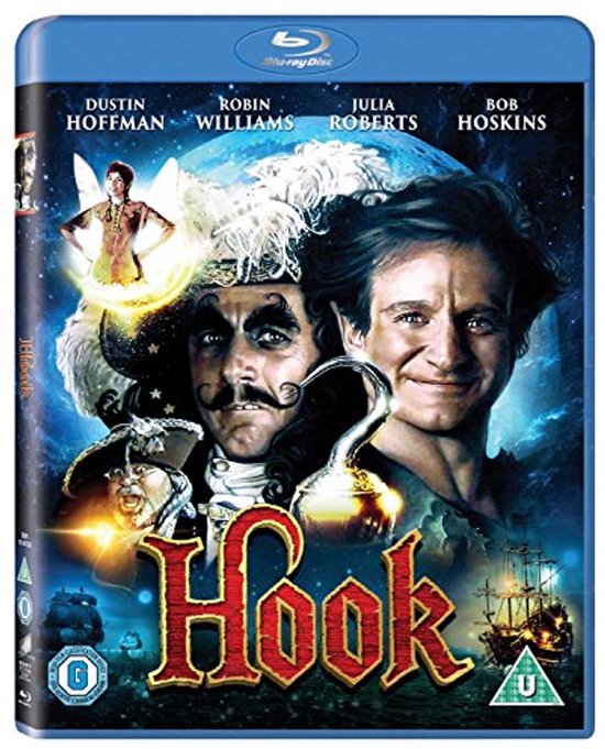 Blu-ray hoes van Hook met Dustin Hoffman als Kapitein Haak en Robin Williams als Peter Pan. Middenin 'Hook' in grote rode letters.