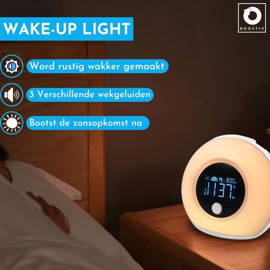 Wake up light - Speaker radio - Slaaphulpen - Bluetooth - Nachtlampje - Digitale wekker - Wekker - Ambilight - Radio's - Boostiv