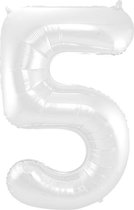 Folat - Folieballon Cijfer 5 Wit Metallic Mat - 86 cm
