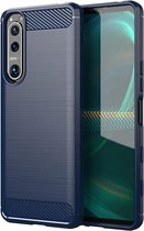 Sony Xperia 5 III Hoesje, MobyDefend TPU Gelcase, Geborsteld Metaal + Carbonlook, Navy Blauw | GSM Hoesje / Telefoonhoesje Geschikt Voor: Sony Xperia 5 III