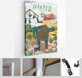 Garden, farm and agriculture. Vector illustration of gardener, garden beds, fields, maps, houses, nature, greenhouse and harvest - Modern Art Canvas - Vertical - 1898633680 - 50*40
