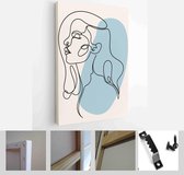 One line woman portrait and leaves in contemporary abstract style with colorful shapes. Vector hand drawn illustration - Modern Art Canvas - Vertical - 1908571222 - 80*60 Vertical