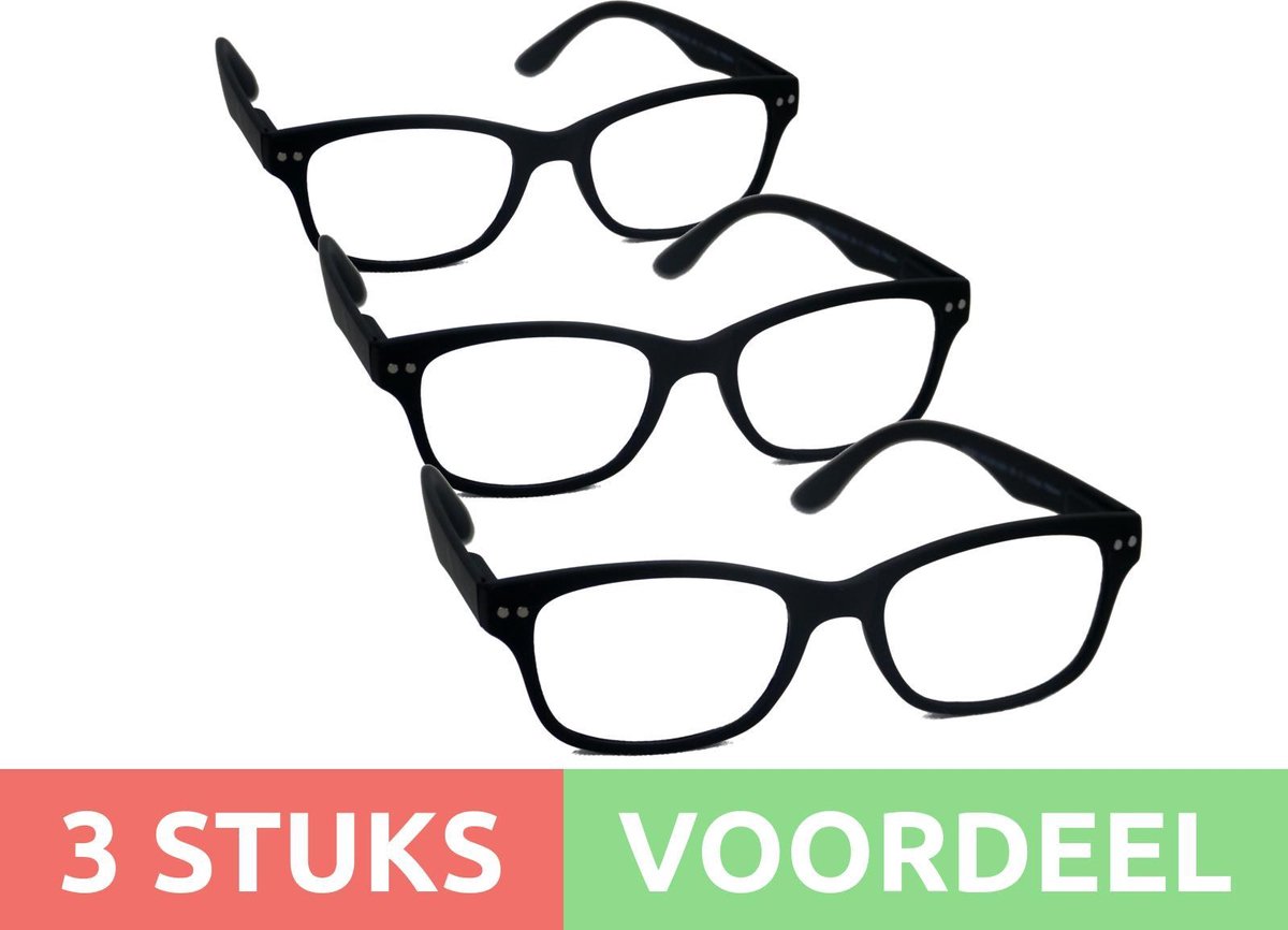 Computer bril - zwart rechthoekig sterkte +2.0 - 3 stuks - blauw licht filter - blue blocker leesbril