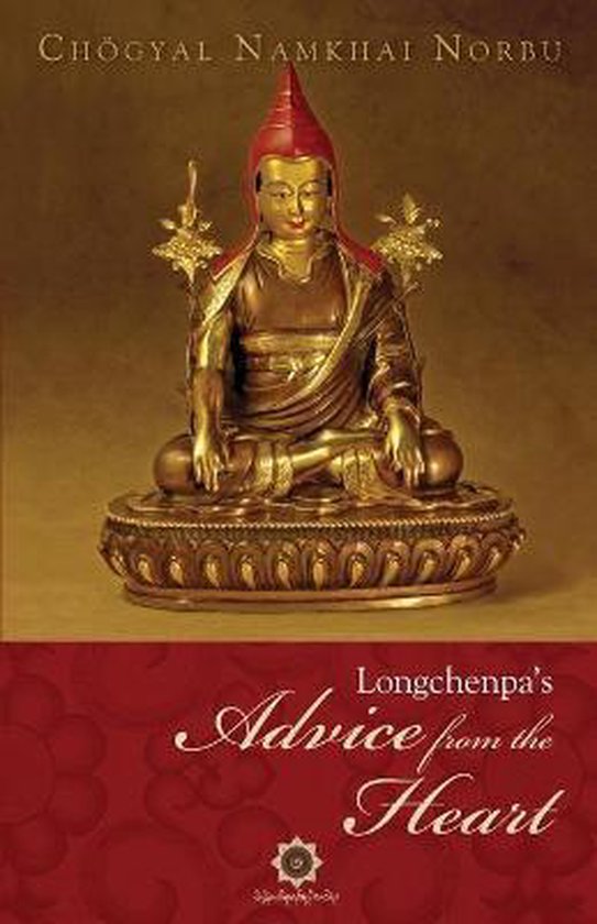 Gouden Boeddhabeeld zittend in lotushouding met rode puntmuts, op een sierlijke basis. Titel: Longchenpa's Advice from the Heart.