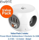 Ewent Powercube met USB 3 stuks - Stekkerdoos met USB 3-poorts - 250 V wisselstroom V - 4000 Watt – Kabellengte 1.5 m - België – Wit - EW3952
