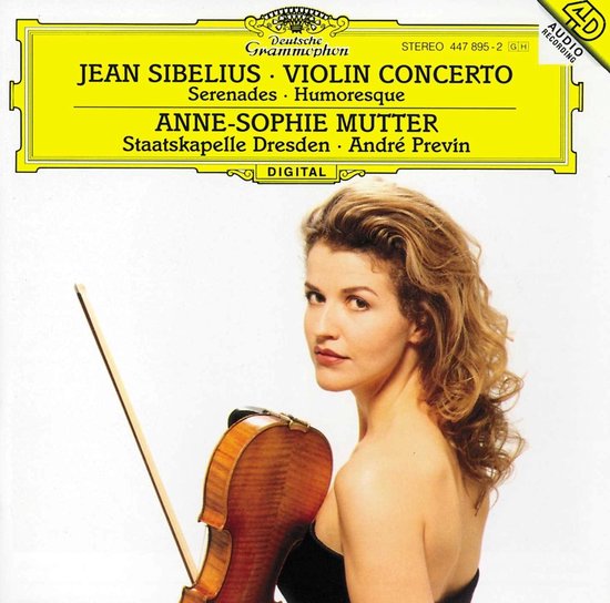 Anne-Sophie Mutter draagt een bruine viool met strijkstok. Tekst: Jean Sibelius Violin Concerto Serenades Humoresque Anne-Sophie Mutter Staatskapelle Dresden André Previn.