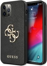 Guess Saffiano Metal 4G Back Case - Geschikt voor Apple iPhone 12 Pro Max (6.7") - Zwart