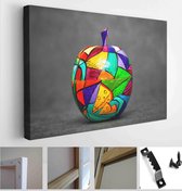 Decorative apple, made of wood and painted by hand paints on abstract black background. contemporary art, modern art - Modern Art Canvas - Horizontal - 394541992 - 50*40 Horizontal