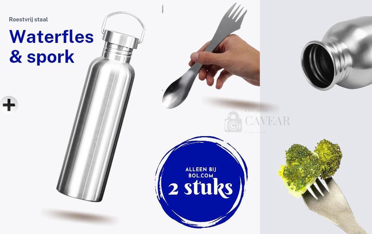Rvs 1 liter veldfles waterfles + Spork - Roestvrij Staal - Duurzaam en Lekvrij