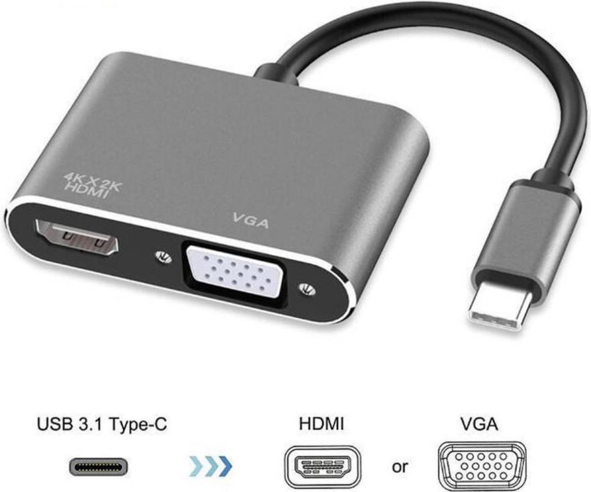 SMT 2-in-1 USB-C Adapter naar HDMI & VGA - USB 3.1 - 4K - 2K - - 2 Display's - Mirror - Grijs