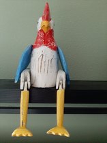 Fairtrade beeld kip van hout blauw-wit met beweegbare poten en vleugels