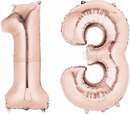 13 Jaar Folie Ballonnen Rosé Goud - Happy Birthday - Foil Balloon - Versiering - Verjaardag - Jongen / Meisje - Feest - Inclusief Opblaas Stokje & Clip - XXL - 115 cm