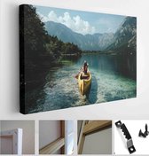 Young woman canoeing in the lake bohinj on a summer day, background alps mountains. - Modern Art Canvas - Horizontal - 1494248774 - 80*60 Horizontal