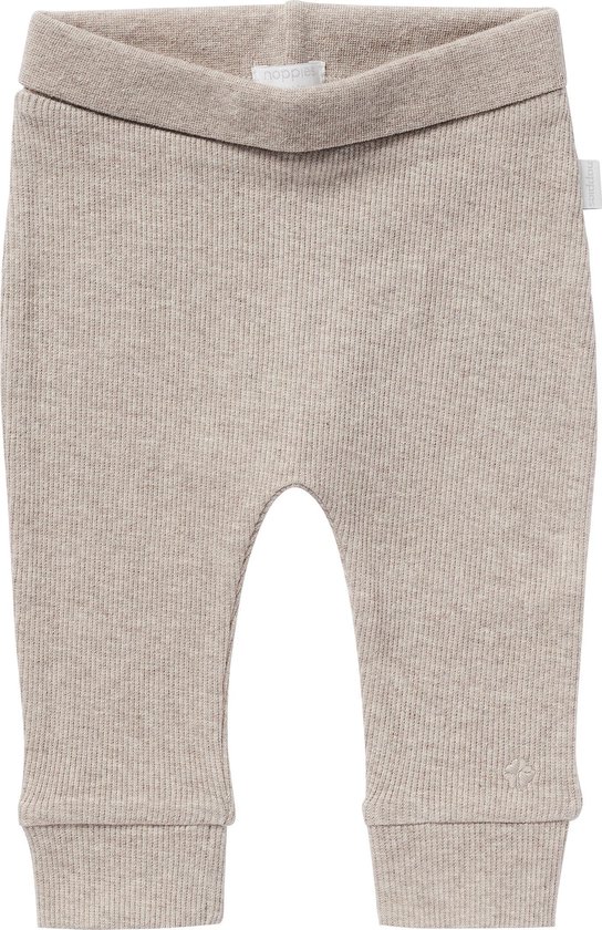 Taupe geribbelde broek met omgeslagen tailleband en kleine ingeweven bloemlogo.