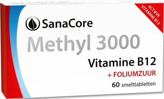 SanaCore Methyl 3000 Vitamine B12 + Foliumzuur, 60 smeltabletten. Actieve Vitamine B12.