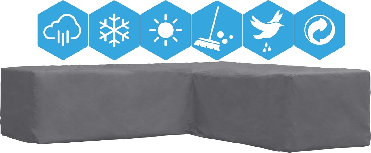 Weersbestendige Beschermhoes voor Hoekbank | 300/90 x 300/90 x 70 cm (L-vorm) | Premium | Waterproof | TÜV Rheinland Gecertificeerd | Tuinbank / L-Vorm | Hoes voor Tuin | Waterdicht | Solution Dyed (verkleuring onmogelijk) | Grijs