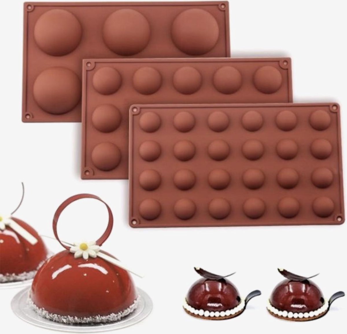 Siliconen Bakvormen Halve Bollen Cakevorm - Ronde Mallen Chocolade - Set van 3 - Diameter 7 + 3.8 + 2.8CM