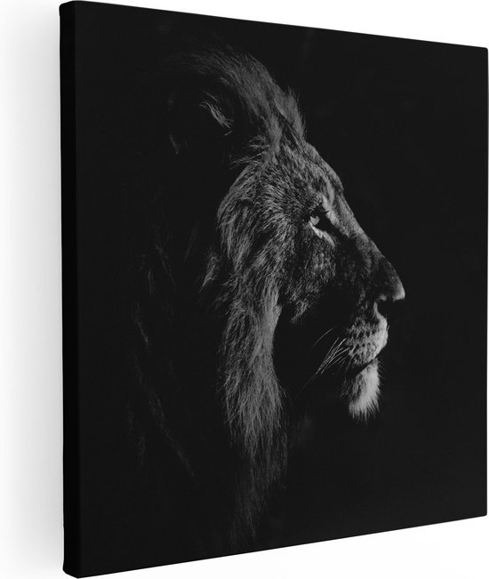 Artaza Canvas Schilderij Leeuw - Leeuwenkop - Zwart Wit - 80x80 - Groot - Foto Op Canvas - Canvas Print