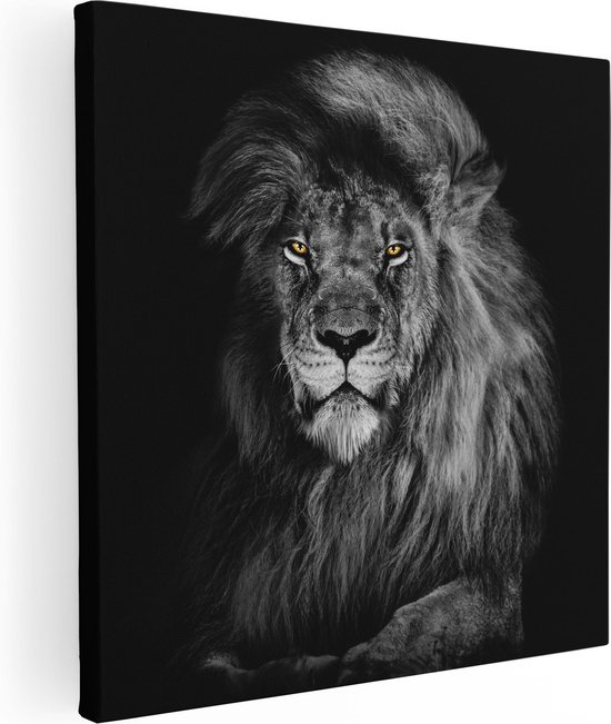 Artaza Canvas Schilderij Leeuw Met Oranje Ogen - Zwart Wit - 70x70 - Foto Op Canvas - Canvas Print