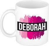 Deborah  naam cadeau mok / beker met roze verfstrepen - Cadeau collega/ moederdag/ verjaardag of als persoonlijke mok werknemers