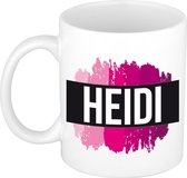 Heidi  naam cadeau mok / beker met roze verfstrepen - Cadeau collega/ moederdag/ verjaardag of als persoonlijke mok werknemers