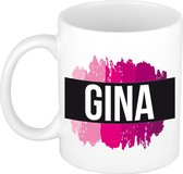 Gina  naam cadeau mok / beker met roze verfstrepen - Cadeau collega/ moederdag/ verjaardag of als persoonlijke mok werknemers