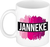 Janneke naam cadeau mok / beker met roze verfstrepen - Cadeau collega/ moederdag/ verjaardag of als persoonlijke mok werknemers