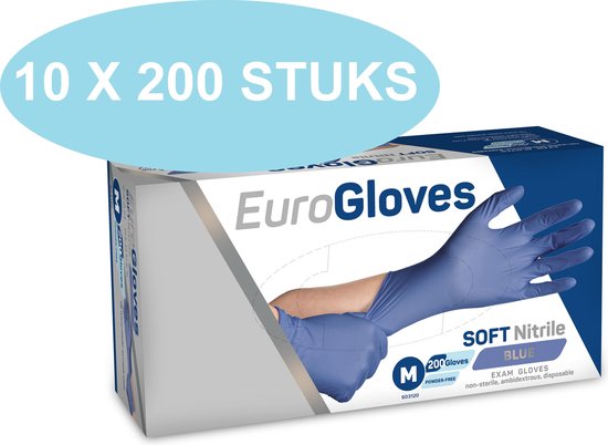 Eurogloves soft-nitrile handschoenen blauw, poedervrij, 10 x 200 stuks, maat M (VOORDEELVERPAKKING)