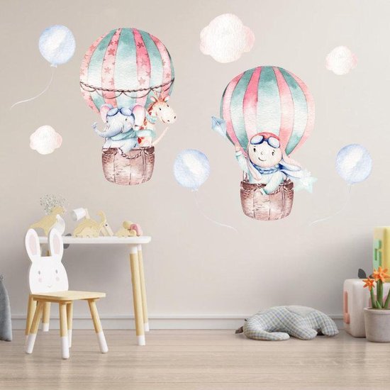 Muursticker Luchtballonnen Met Een Olifant Konijn Giraffe En Wolken | Ballonnen | Wanddecoratie | Muurdecoratie | Slaapkamer | Kinderkamer | Babykamer | Jongen | Meisje | Decoratie Sticker