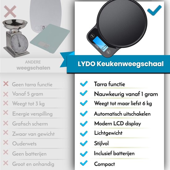 Weegschaal keuken - Digitale precisie keukenweegschaal - BLACK LUXURY - Tarra functie - 1 gr tot 6 kg - LYDO